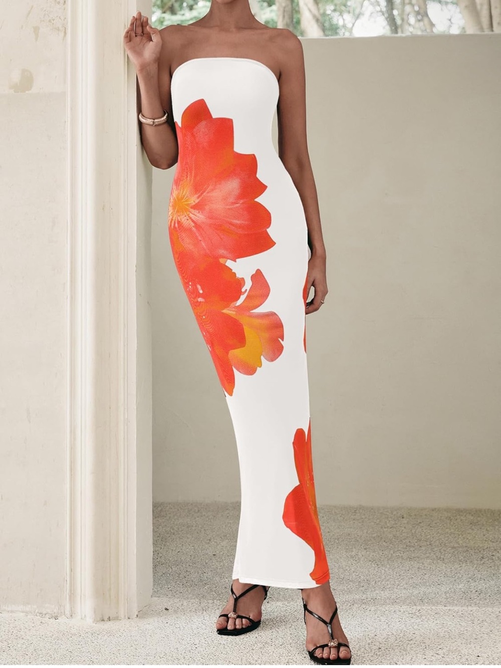 Amazon Strapless White Maxi Dress with Orange Floral Print